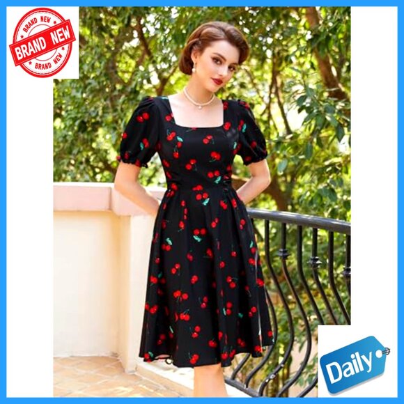 Vintage Square Neck Midi Dress Puff Sleeves Ruched Waist Cottagecore Wedding - Picture 4 of 7